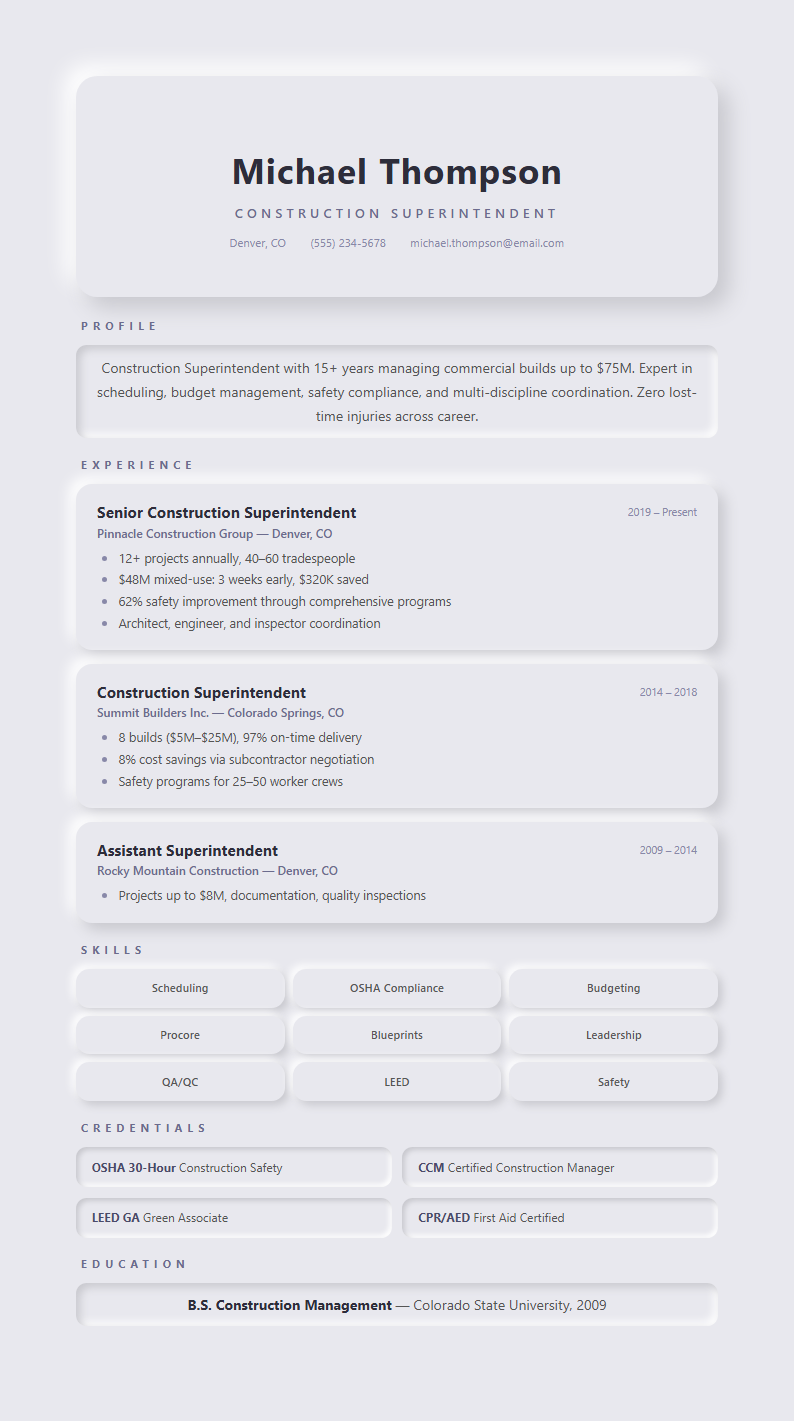 Neomorphic modern construction superintendent resume
